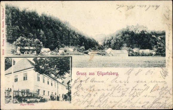 Postcard Hilgartsberg Hofkirchen in Niederbayern, Inn Jäger Wirth, view of the town, ruins