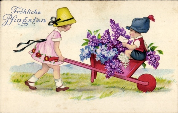 Postcard Congratulations Pentecost, children with wheelbarrow, lilac