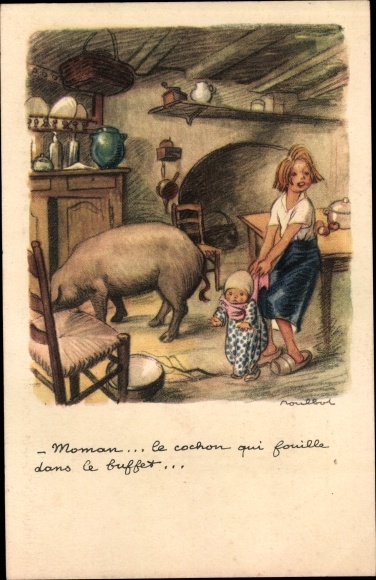 Artist PC Poulbot, Francisque, Ligue Nationale contre le Taudis, kinderen en varken in een keuken