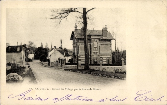 Ak Couilly Seine et Marne, Eingang zum Dorf, Straße von Meaux, Gebäude, Bäume