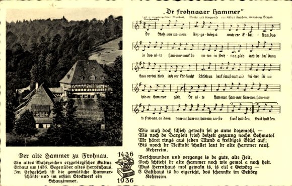 Song Postcard Frohnau Annaberg Buchholz Erzgebirge, Dr Frohnaaer Hammer, Hammerschänke, Alfred Kaaden