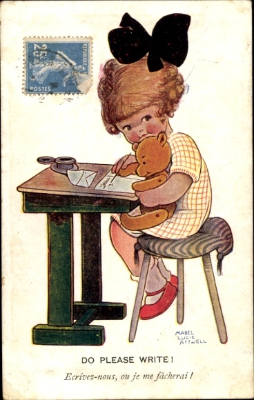 Artysta KP Attwell, ML, Dziewczynka uczy misia pisać