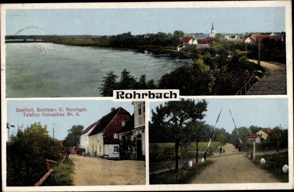 Ansichtkaart Rohrbach Belgershain Sachsen, totaaloverzicht, Gasthof O. Ronniger, overweg