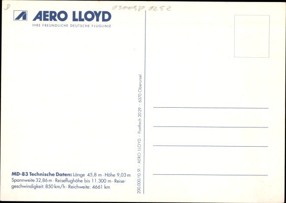 Postcard German passenger aircraft, Aero Lloyd, McDonnell Douglas MD 83