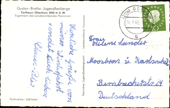 Postcard Torfhaus Altenau Schulenberg Clausthal Zellerfeld in the Upper Harz Mountains, Gustav Bratke youth hostel