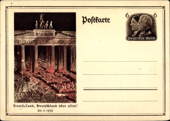 Ganzsachen Ak Berlin, Deutschland über alles, Aufmarsch 30.01.1933, Brandenburger Tor