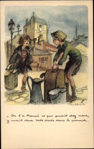 Artist PC Poulbot, Francisque, boy at the water pump, girl with a bucket