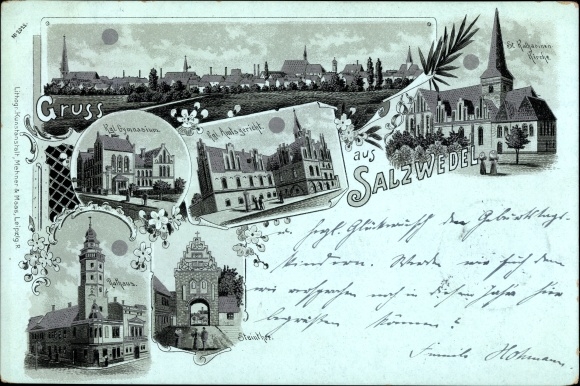 Mondschein Litho Salzwedel Altmark, Katharinenkirche, Gymnasium, Amtsgericht, Rathaus, Steintor