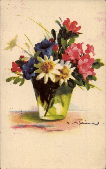 Artist Postcard Klein, Catharina, bouquet, alpine flowers, edelweiss, gentian