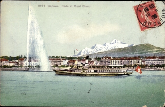 Postcard Genève Geneva Switzerland, salon steamer MS Lausanne in motion, Mont Blanc
