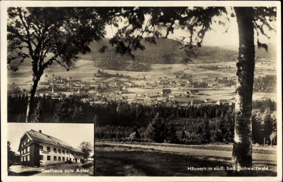 Ak Häusern in Baden Württemberg, Gasthaus zum Adler, Bes. Zumkeller, Ortschaft mit Landschaftsblick