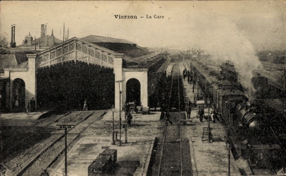 Postcard Vierzon Cher, train station, trains, architecture, clouds, steam locomotive