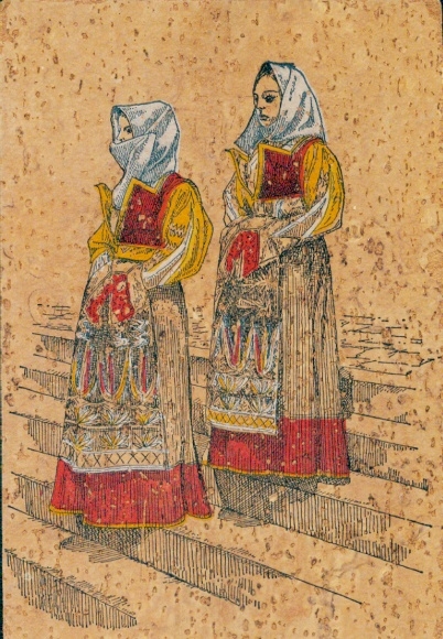 Leder Ak Orgosolo Sardegna, Frauen in italienischer Tracht, Kopftuch