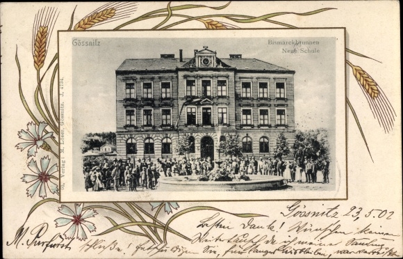Passepartout Ak Gößnitz in Thüringen, Bismarckbrunnen, Schule