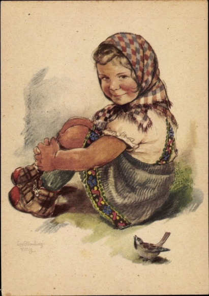 Artist Postcard Oldenburg Wittig, Lotte, girl with headscarf, sparrow