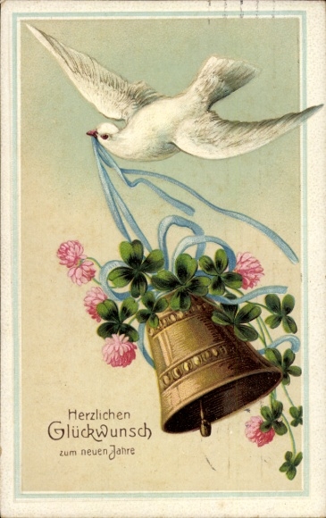 Präge Ak Glückwunsch Neujahr, Taube, Glücksklee, Glocke