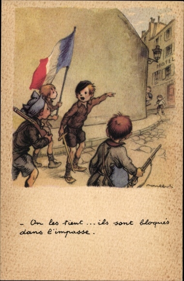 Artist PC Poulbot, children with a French flag as soldiers, Ligue national contre le taudis