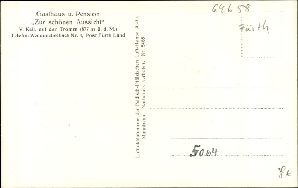 Postcard Tromm Grasellenbach Bergstraße, aerial photograph of the place, inn and pension, owner V. Keil
