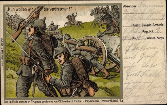 Künstler Ak Nun wollen wir sie verdreschen, Soldaten während einer Schlacht, I. WK