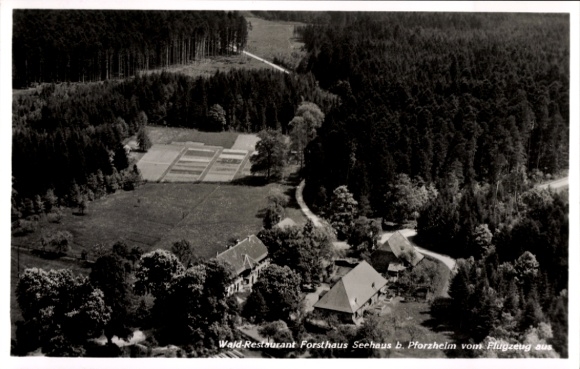 Postcard Pforzheim in the Black Forest, aerial photograph, forest restaurant Forsthaus Seehaus