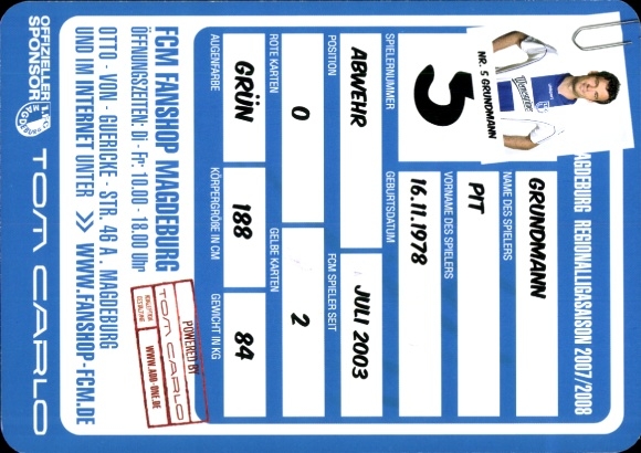 Handtekeningkaart voetballer Pit Grundmann, 1. FC Magdeburg, handtekening