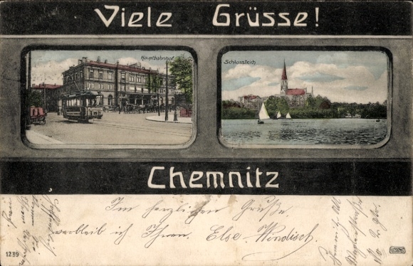 Postcard Chemnitz Saxony, main station, tram, castle pond