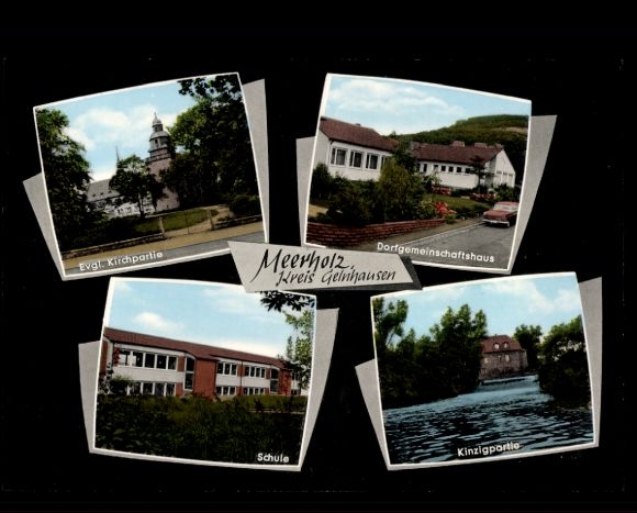 Postcard Meerholz Gelnhausen in Hesse, village community center, Protestant church party, school