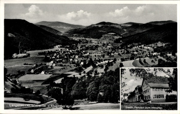 Postcard Langenau Kleines Wiesental Schopfheim in Baden, aerial photograph, Gasthof zum Hirschen