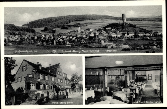 Ak Schenkelberg in het Westerwald, Hotel Stadt Berlin, uitzicht op de stad, Hartenfels