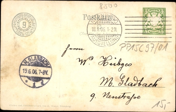 Postal stationery PC Nuremberg in Middle Franconia Bavaria, Jubilee. State Exhibition 1906, main portal, carriage