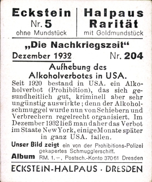 Collector's picture The post-war period No. 204, December 1932, lifting of the alcohol ban in the USA