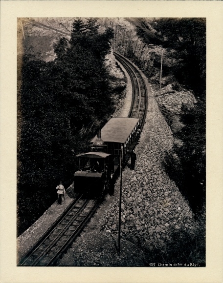 Photo around 1880, Rigi Goldau Arth Canton Schwyz, Chemin de Fer de Rigi, steam train, rack railway