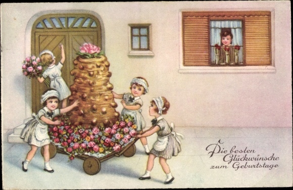 Postcard congratulations birthday, confectioners with cake and flowers