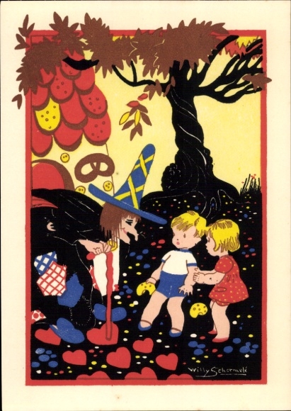 Artist Postcard Schermelé, Willy, Hansel and Gretel, fairy tales, Brothers Grimm, witch