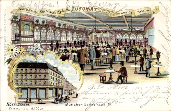 Chromo-Litho Munich Bavaria, Hotel Strebl, Bayerstraße 13, Café Automat, Food Vending Machine