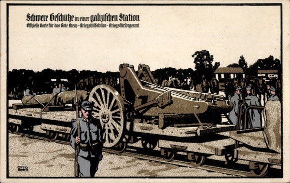 Kunstenaarskaart Otto Barth, zware artillerie in een Galicisch station, keizerlijk en koninklijk leger, bureau voor oorlogswelzijn
