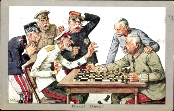Kunstenaarskaart Zasche, Schach, Hindenburg, Hötzendorf, Joffre, Frans, Cordona, Groothertog Romanov