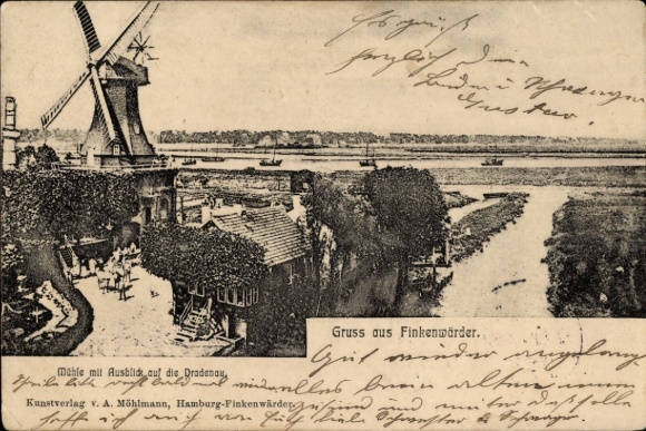 Postcard Hamburg Mitte Finkenwerder Finkenwärder, mill with a view of the Dradenau