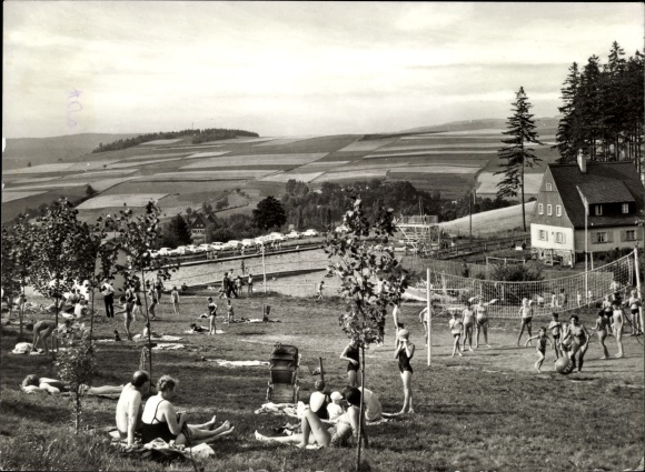 Postcard Raschau Markersbach in the Ore Mountains, lot in the summer pool