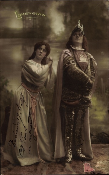 Ak theaterscène, acteur, Lohengrin, ridder, vrouw