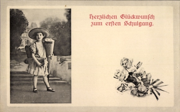 Postcard congratulations school enrollment, child, school cone, flowers