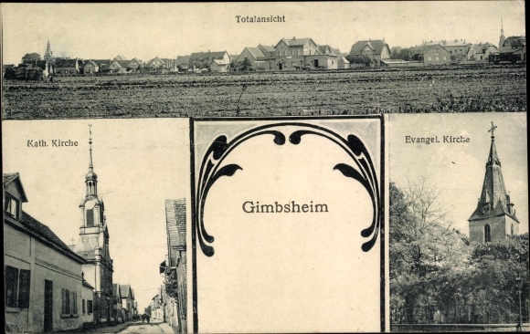 Ak Gimbsheim am Rhein, Evangelische und katholische Kirche, Totalansicht der Ortschaft