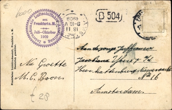 Vlinder Briefkaart Frankfurt am Main, Internat. Luchtschiptentoonstelling, zeppelin, treinstation