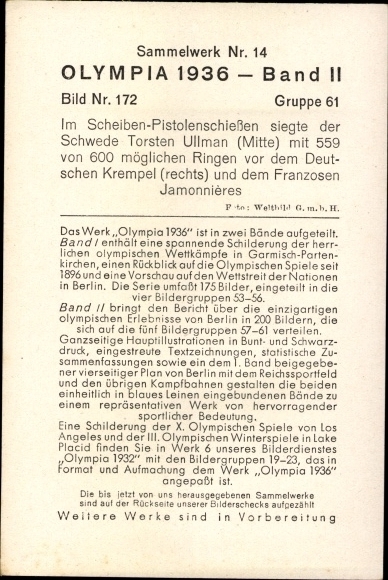 Collection picture Olympia 1936, target pistol shooting, Torsten Ullmann, Krempel, Jamonnieres