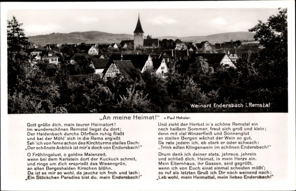 Gedicht ansichtkaart Endersbach Weinstadt im Remstal, totaaloverzicht, naar mijn vaderland, Paul Hekeler