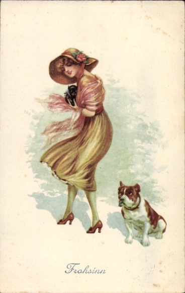 Chromo-Litho cheerfulness, elegant woman, dog