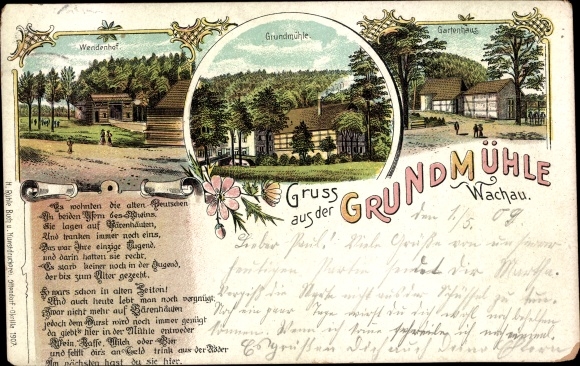 Chromo-Litho Wachau in Saxony, Grundmühle, Wendenhof, poem