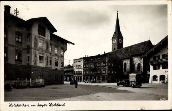 Postcard Holzkirchen in Upper Bavaria, partial view, car, trailer, tower clock