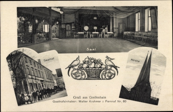 Postcard Greifenhain Frohburg in Saxony, church, inn, interior view