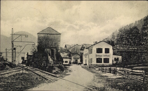 Postcard Bischofswiesen in Upper Bavaria, Hallthurm Inn, railway tracks